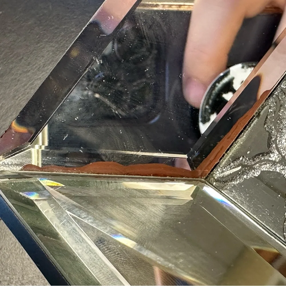 Glass rectangle tray 12”x 8” - slight adhesive discoloration in one corner